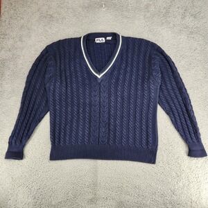 Vintage FILA Cable Knit V-Neck Sweater Mens XL Blue Tennis